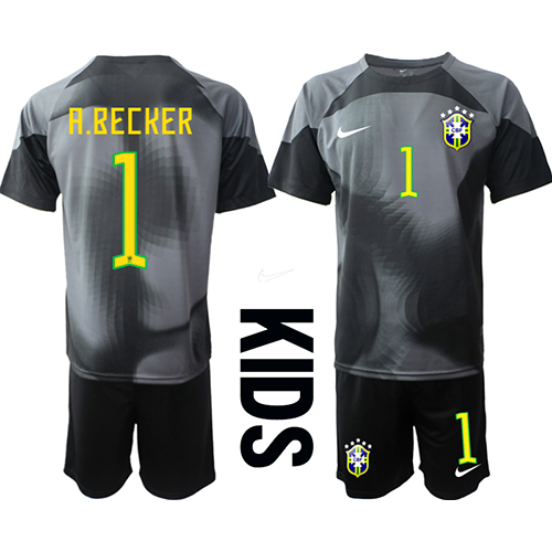 Dres Brazil Alisson Becker #1 Golmanski Domaci za djecu SP 2022 Kratak Rukav (+ kratke hlače)